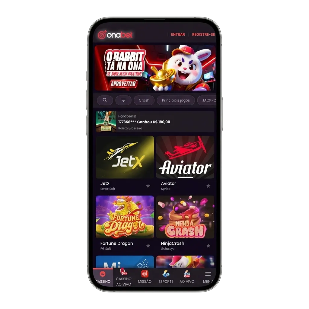 Onabet mobile app download screen showing Android APK and iOS options with sports betting and casino features