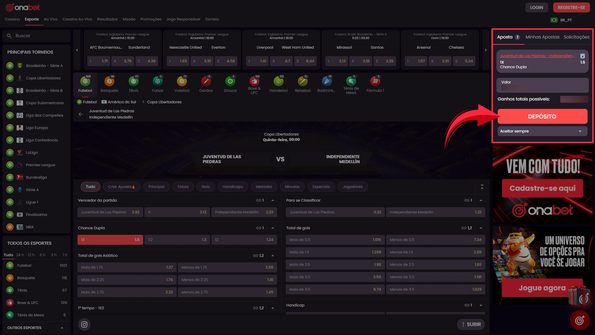 Confirme o Palpite revisando os detalhes da seleção e clicando no botão de confirmação.