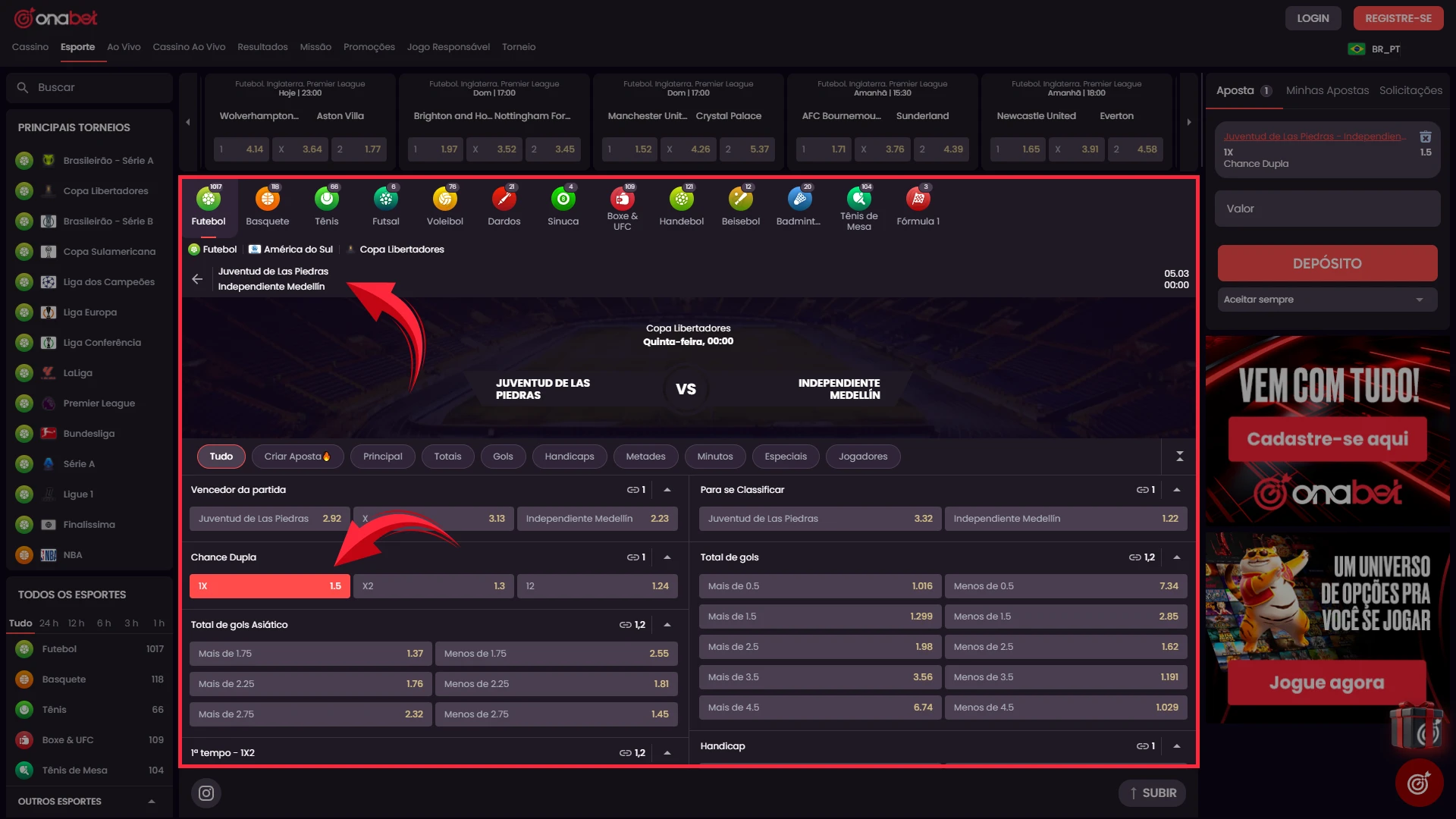 Selecione o Mercado e a Odd analisando as opções como vencedor, total de gols ou handicap, e clique na cotação desejada para enviá-la ao seu bilhete de apostas na Onabet.