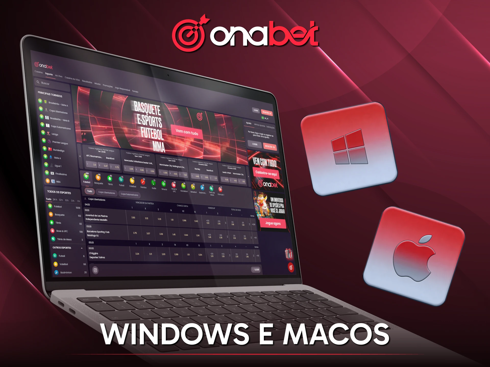 Utilize o Cliente PC para Windows e macOS e aproveite a experiência completa da Onabet em tela cheia.