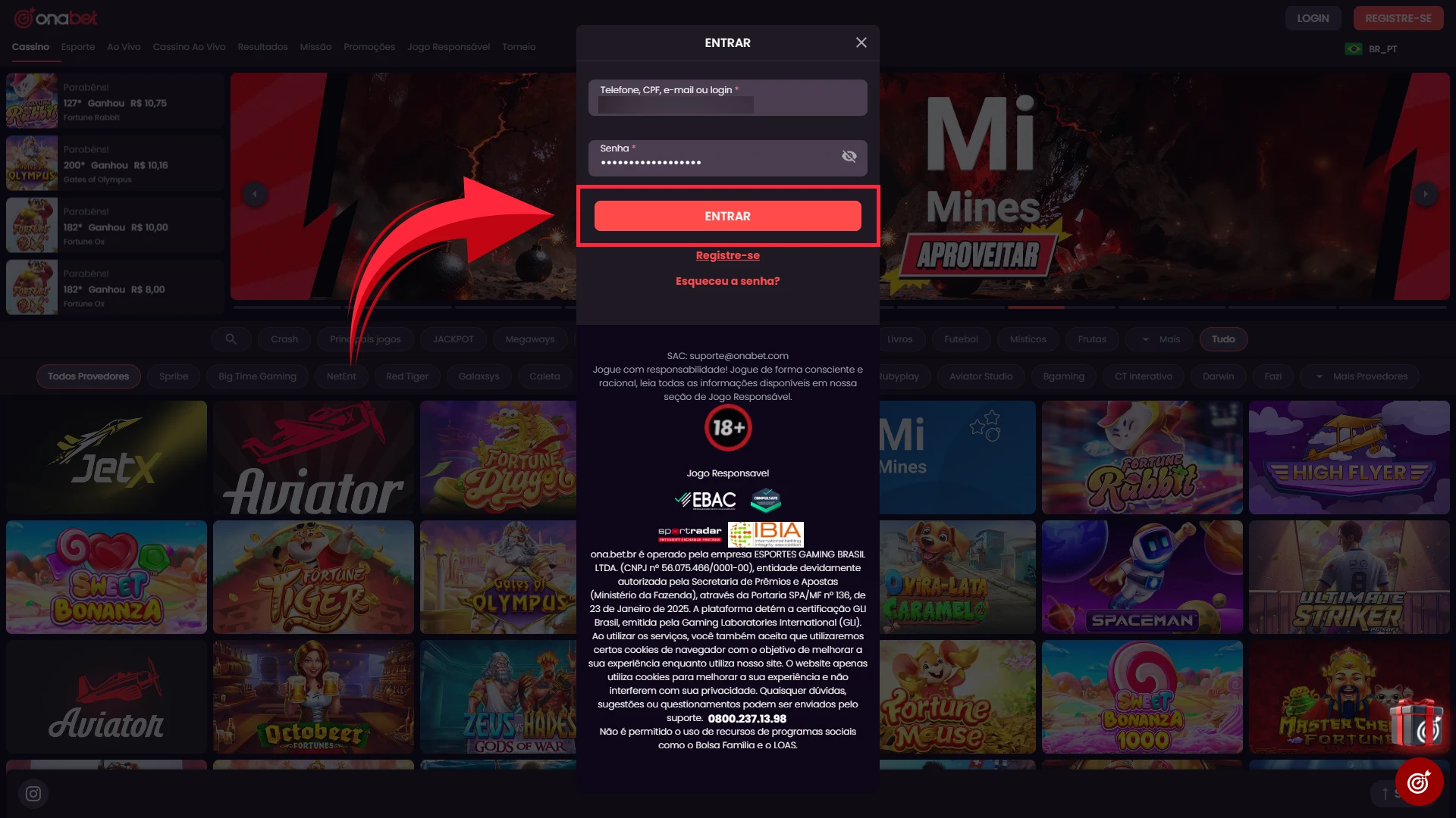 Confirme a Entrada clicando no botão de login para acessar seu painel pessoal e começar a gerenciar suas apostas e saldo na Onabet.