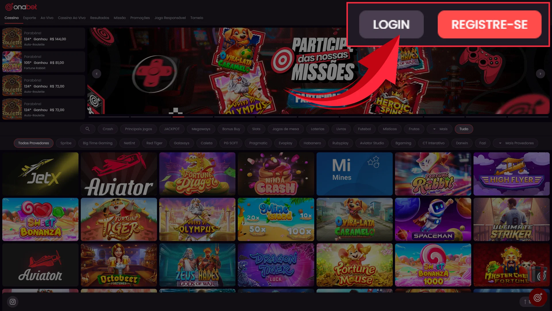 Acesse o Site oficial da Onabet através do seu navegador e localize o botão de entrada destacado no canto superior da tela.