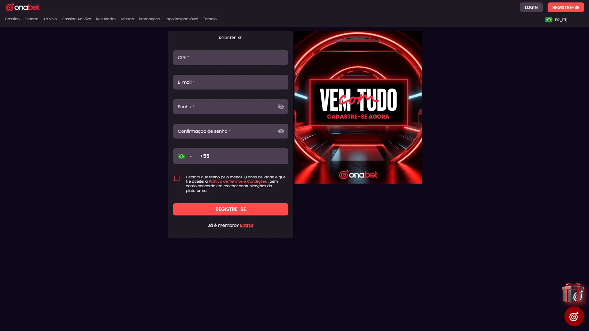 Clique em registre para criar sua conta na Onabet de forma simples e segura em poucos minutos.
