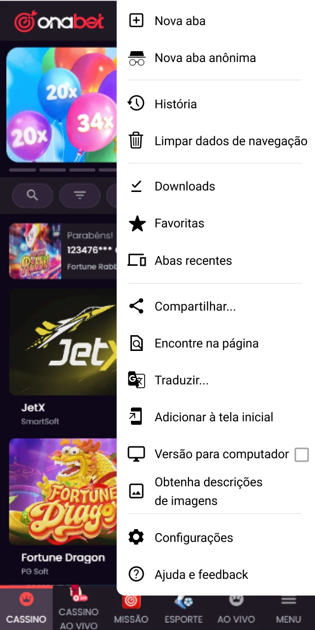 Abra o menu do seu navegador para configurar o acesso ao App Onabet oficial.