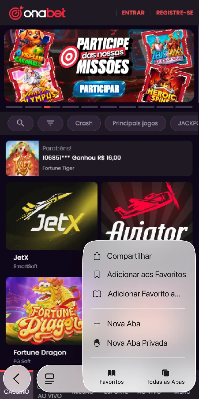 Localize o ícone de compartilhar para adicionar o App Onabet à sua tela.
