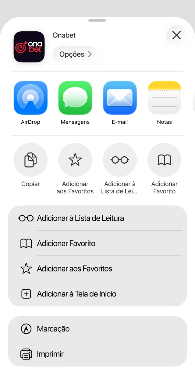 Escolha a opção de tela inicial para criar o atalho do App Onabet oficial.