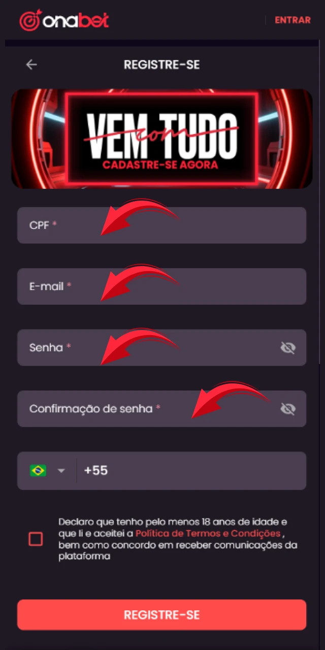 Preencha seus dados pessoais no formulário oficial do App Onabet com segurança.