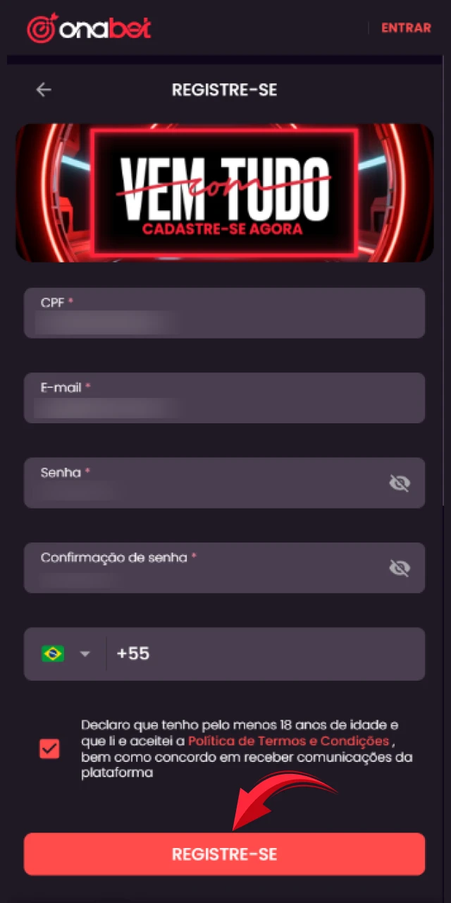 Finalize o processo e faça o login no App Onabet para começar a jogar.