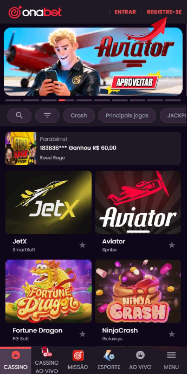 Inicie o registro no App Onabet para criar sua nova conta de apostas.