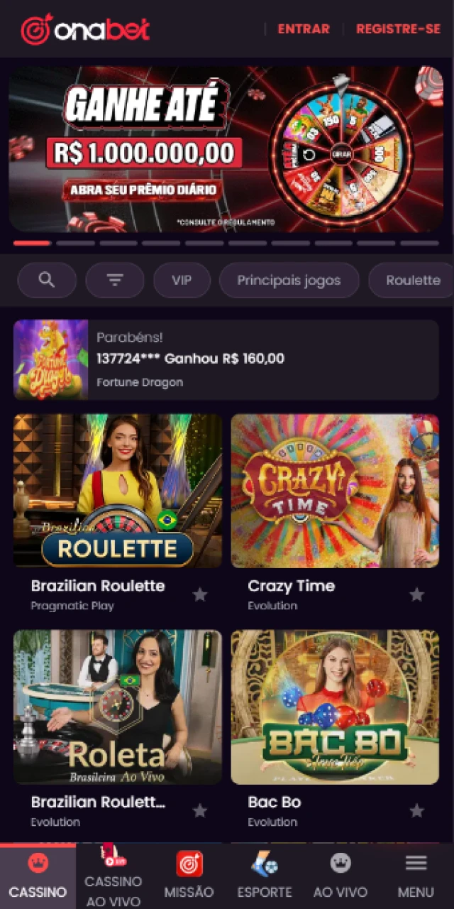 Jogue no cassino ao vivo do App Onabet com crupiês reais.