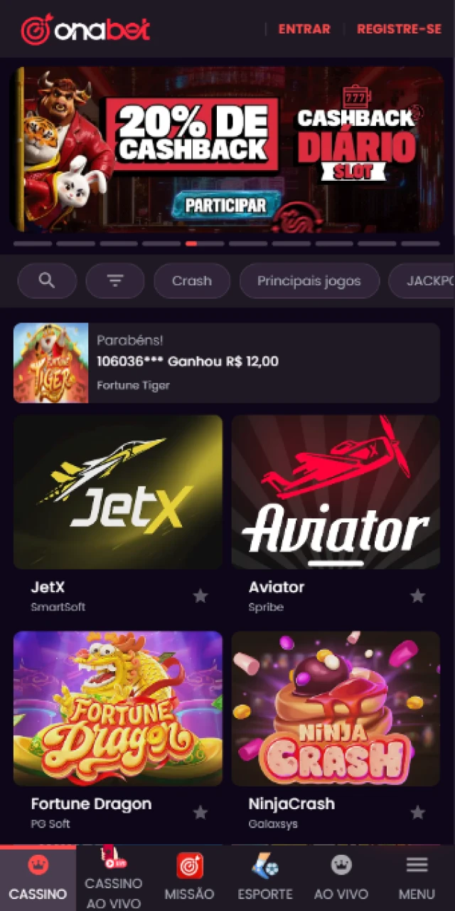 Explore a interface principal do App Onabet para começar a apostar.
