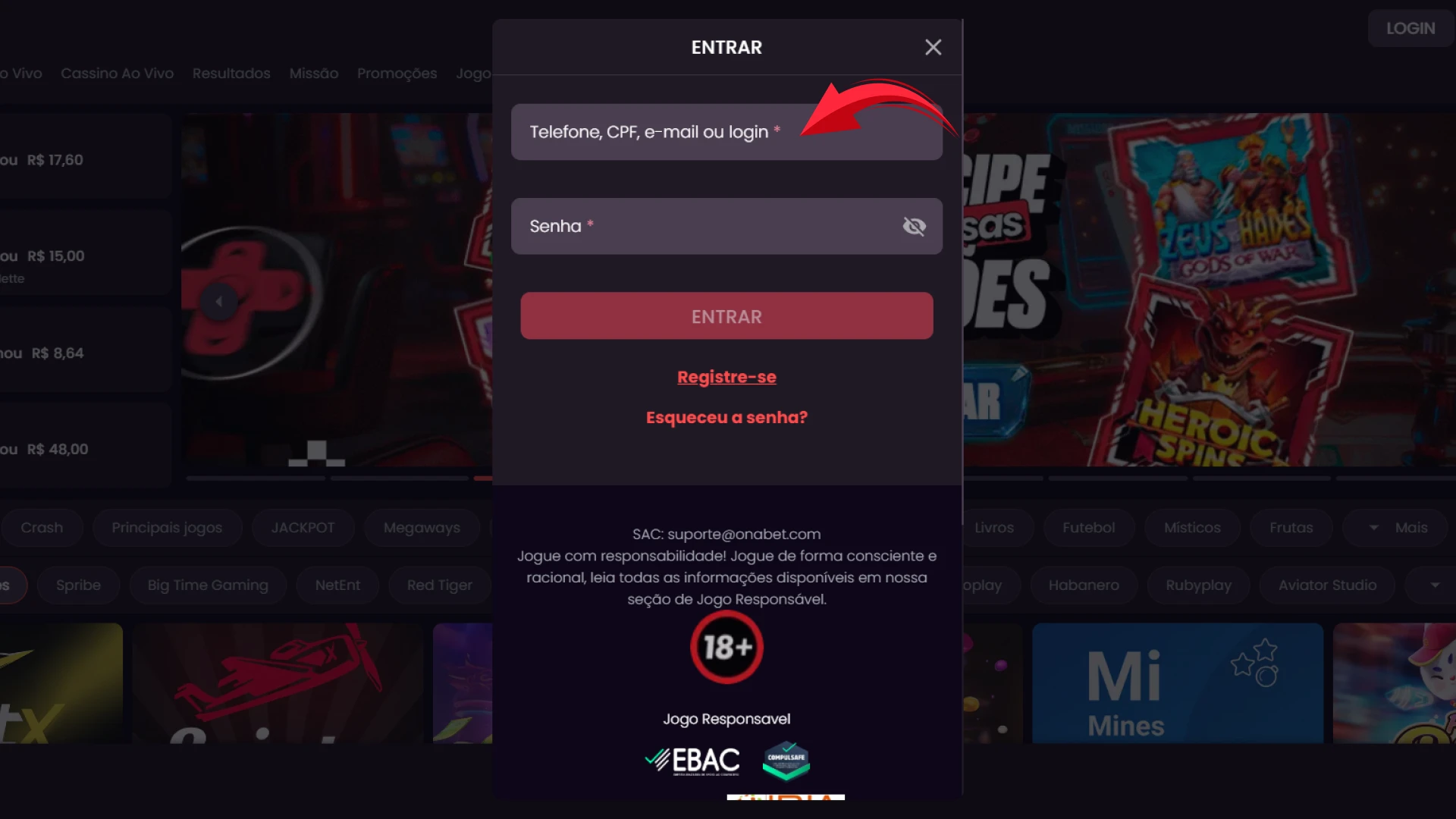 Digite seu login para acessar sua conta na Onabet Brasil com segurança.