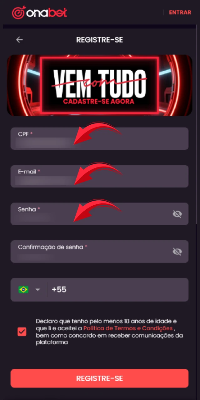 Preencha o formulário rápido com as informações solicitadas pela Onabet Brasil.