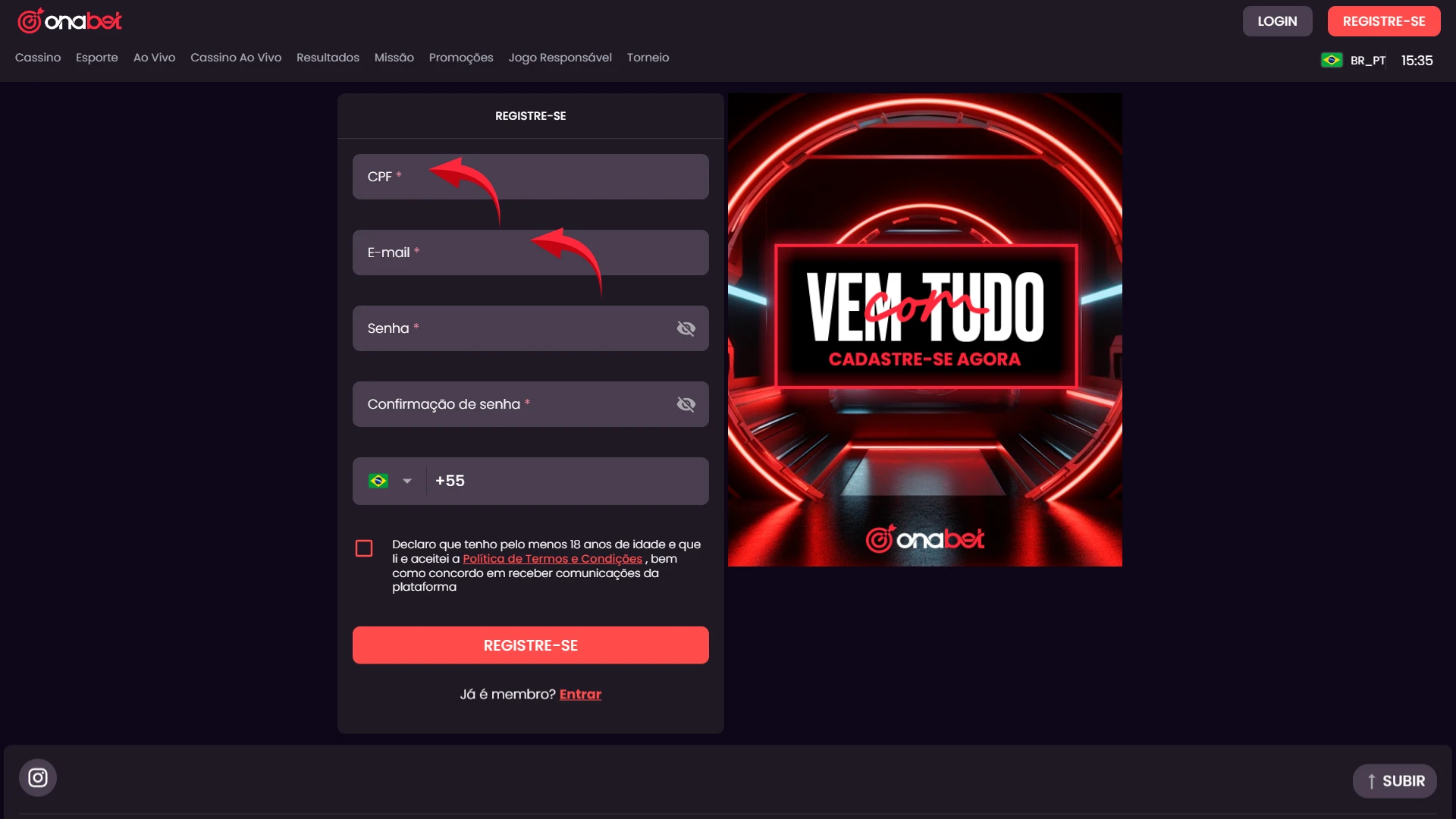 Digite seus dados pessoais corretamente para completar o cadastro no site Onabet.