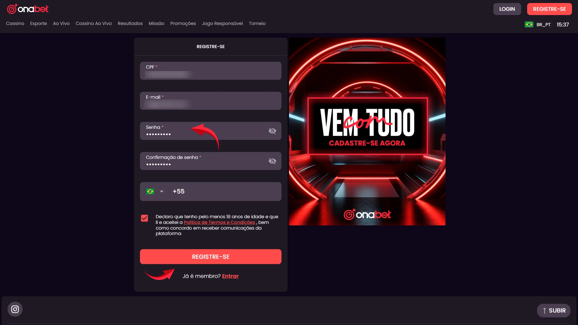 Crie uma senha de acesso segura para garantir a proteção da sua conta Onabet.