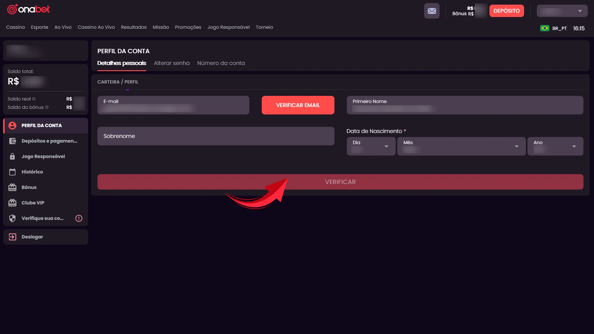 Aguarde a validação interna dos seus dados pela equipe Onabet para liberar saques e bônus.