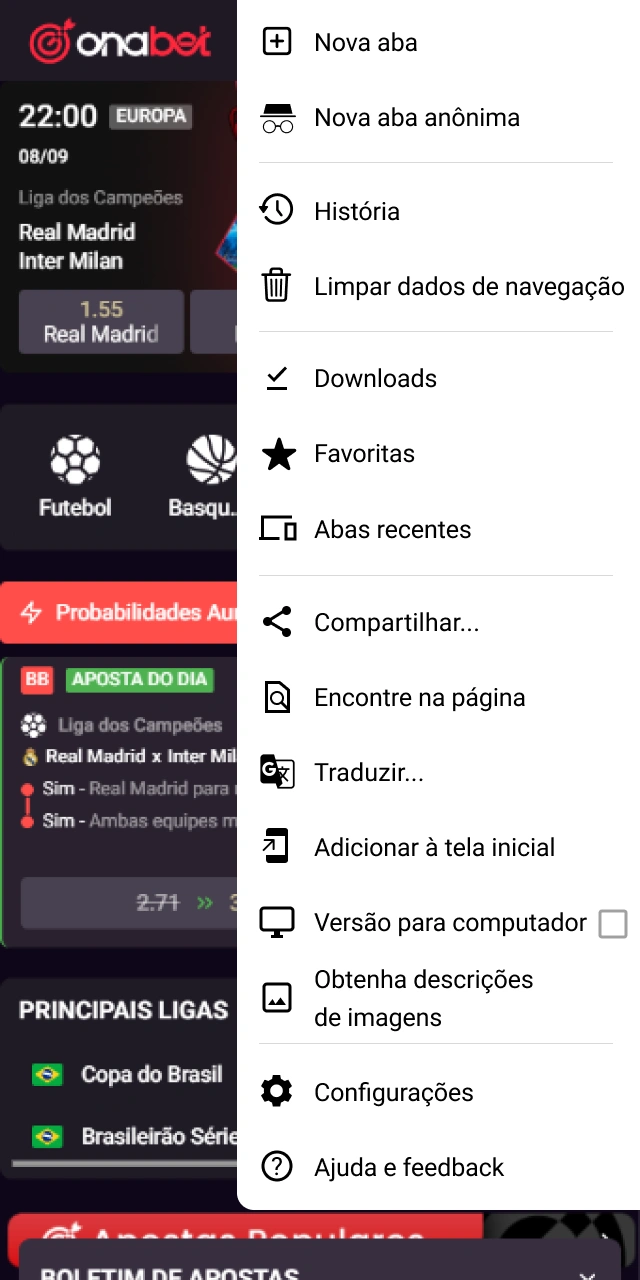 Acessando a seção de downloads e permissões no navegador do dispositivo Android.