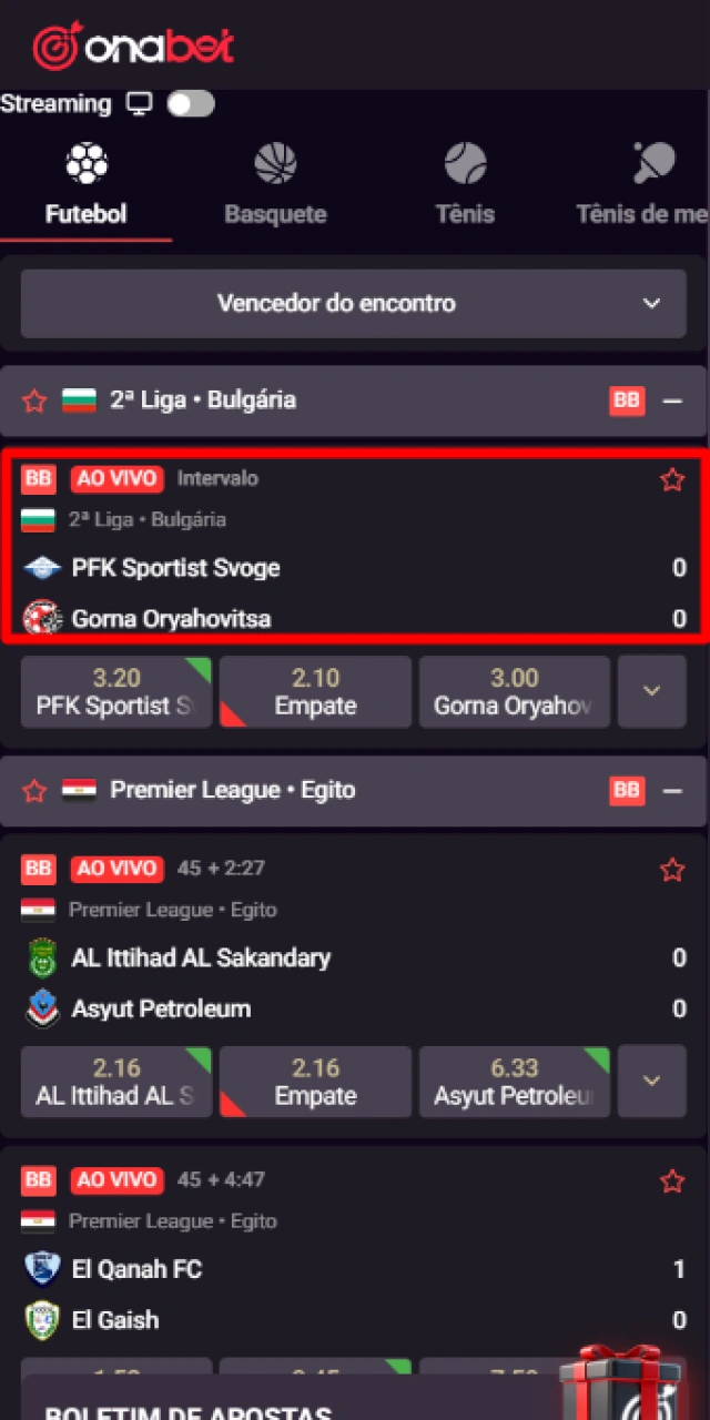 Selecionando uma partida esportiva e confirmando o palpite de aposta no app Onabet.