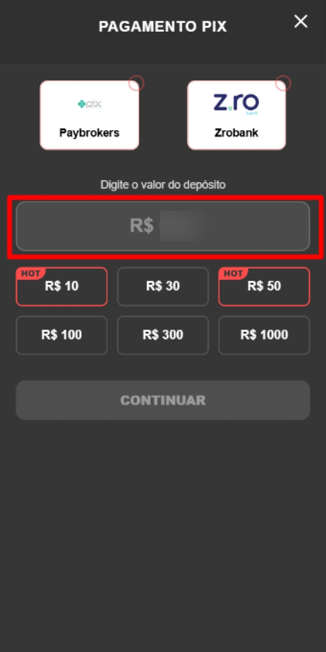 Efetuando um depósito rápido via Pix para saldo de apostas no aplicativo Onabet.