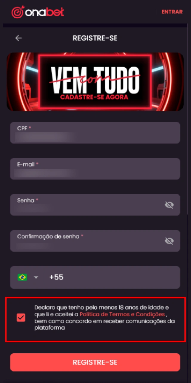 Lendo e aceitando os termos e condições de uso do aplicativo Onabet.