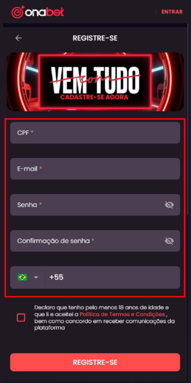 Preenchendo o formulário de registro com os dados pessoais no app Onabet Brasil.