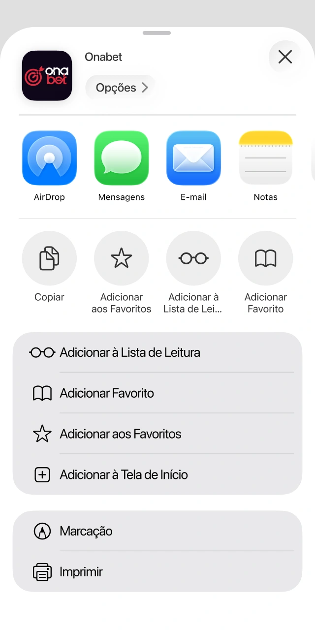 Selecionando a opção Adicionar à Tela de Início para criar o atalho do web app Onabet.