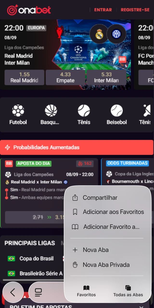 Clicando no ícone de compartilhamento do navegador Safari para abrir o menu do iOS.