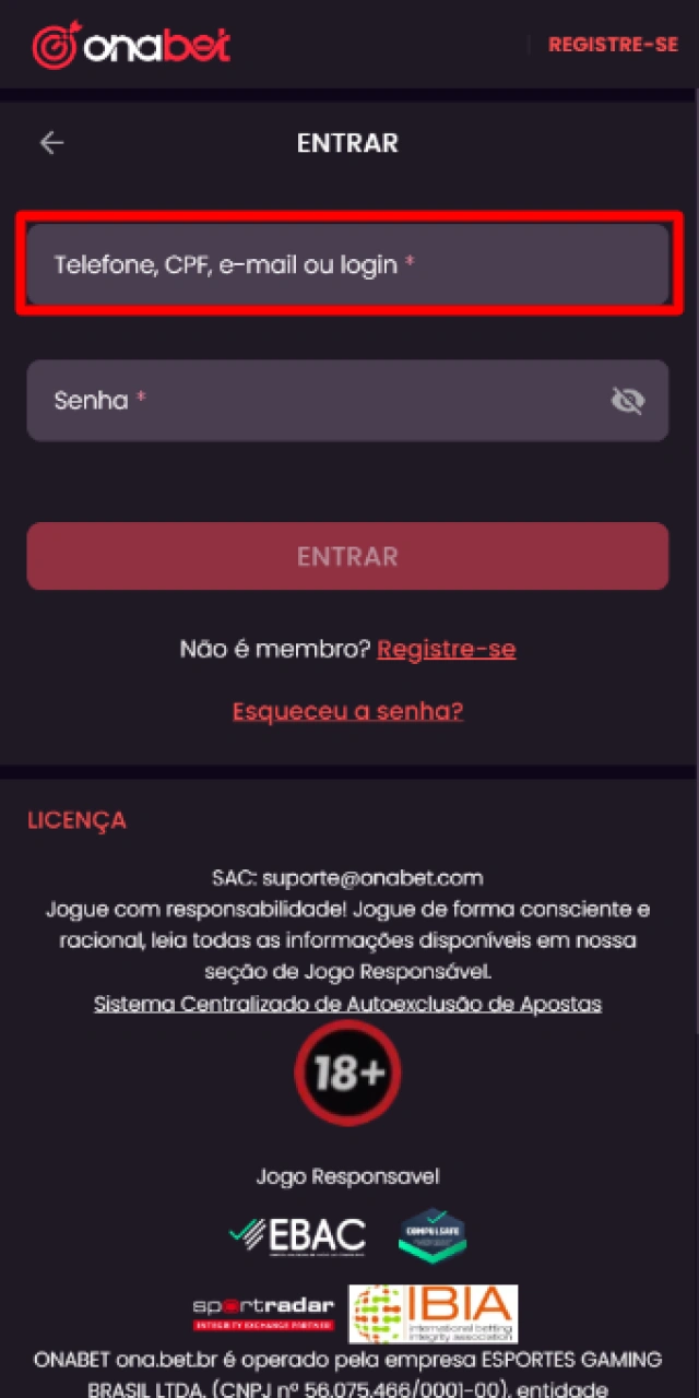 Preenchendo o e-mail ou nome de usuário cadastrado no campo de acesso da Onabet Brasil.