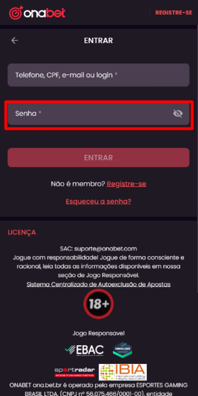 Digitando a senha de segurança para acessar a conta de usuário na plataforma Onabet.