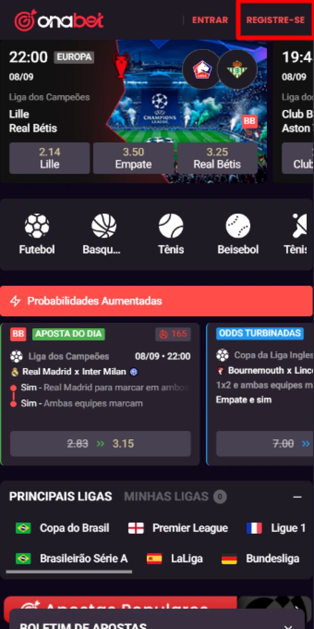 Clicando no botão de registro na página inicial para iniciar a abertura de conta na Onabet Brasil.