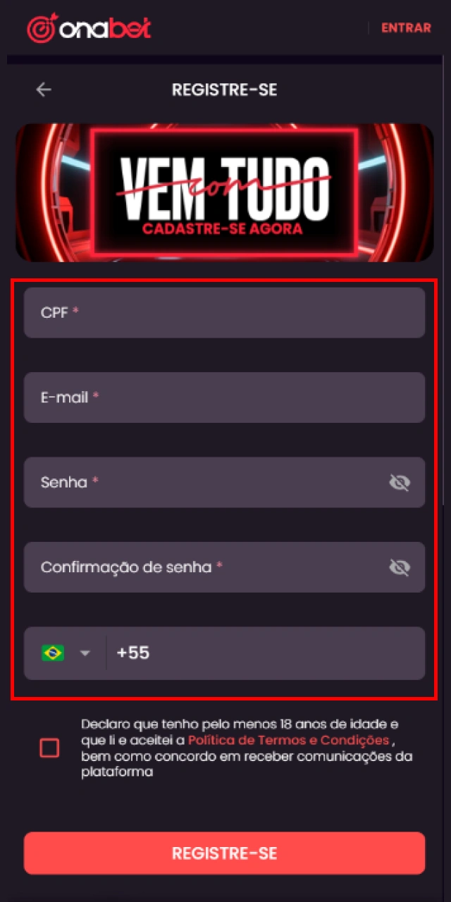 Preenchendo os campos do formulário com dados pessoais e CPF no site da Onabet.
