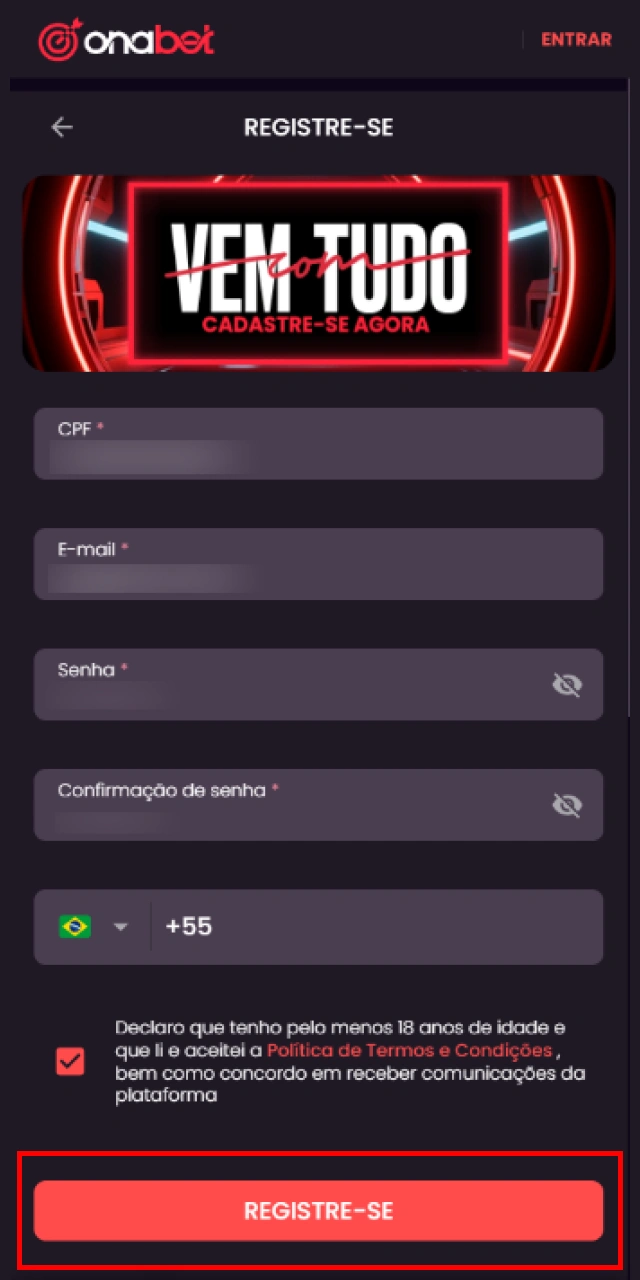 Definindo uma senha segura e concluindo o processo de cadastro na plataforma Onabet.