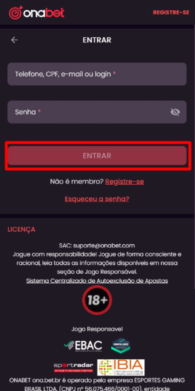 Acessando a conta de usuário no site oficial da Onabet Brasil para fazer um depósito.