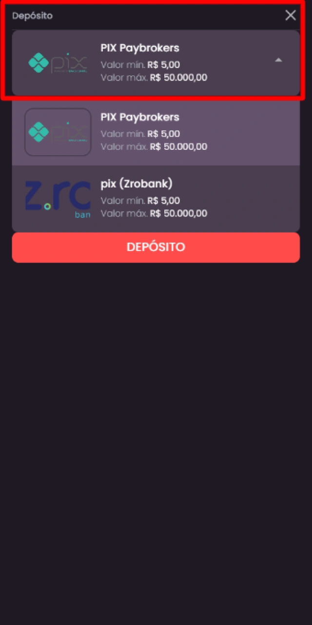 Selecionando o método de pagamento preferido como Pix para depositar na Onabet.