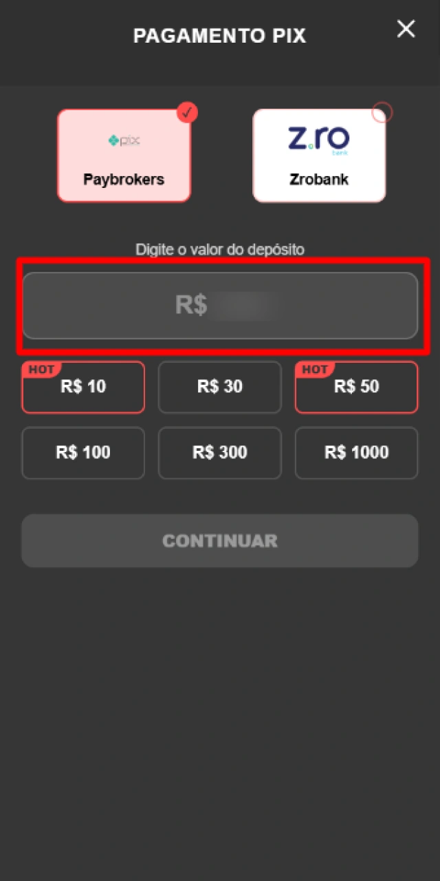 Digitando o valor em Reais a ser recarregado no saldo da conta Onabet Brasil.