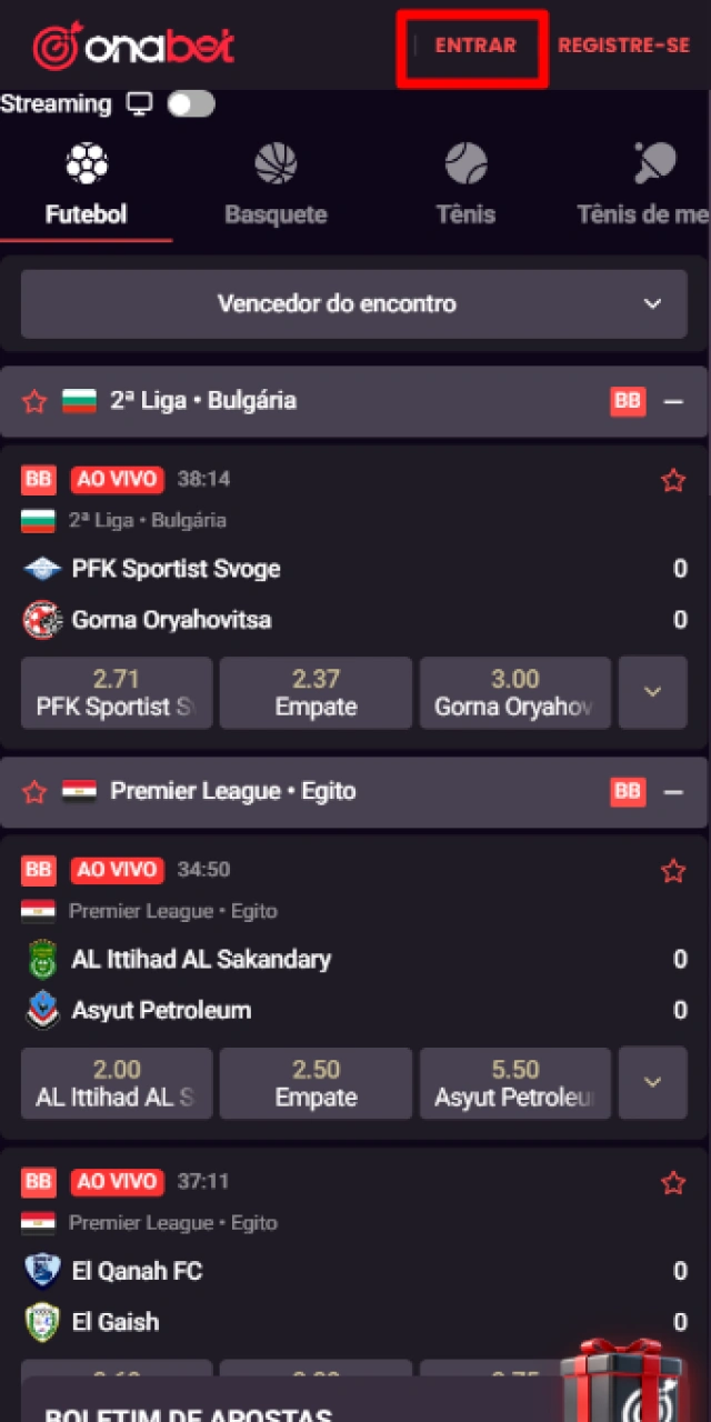Acessando a página principal e o botão de login no site oficial da Onabet Brasil.