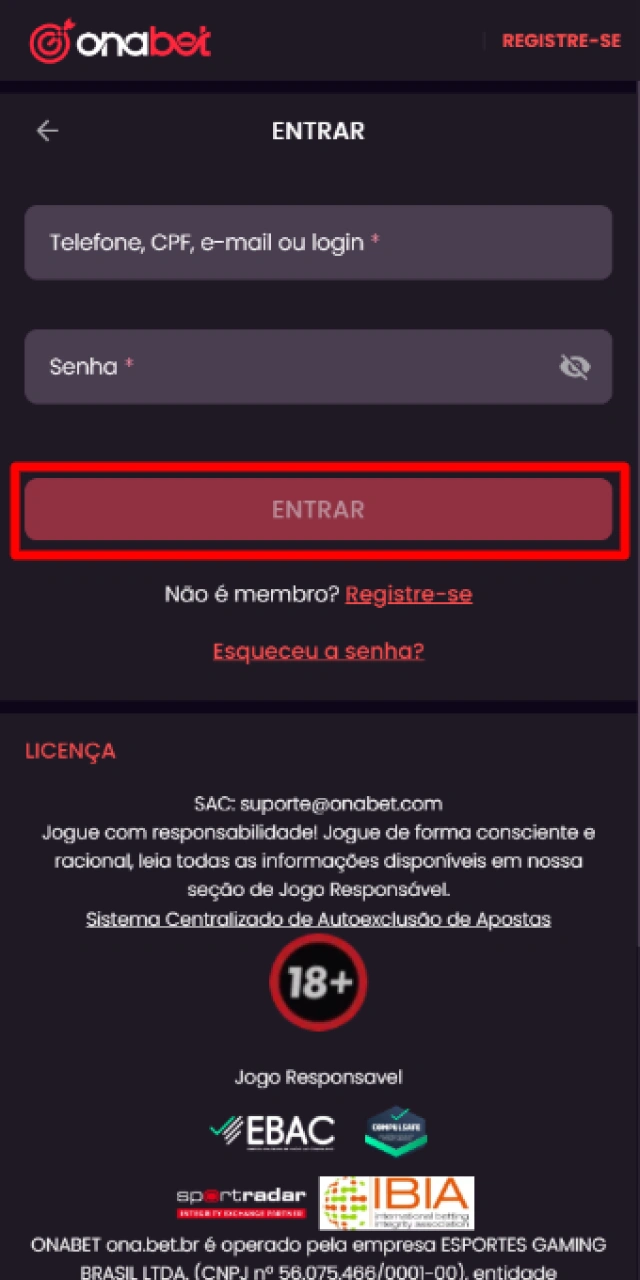 Clicando no botão de confirmação para entrar na conta do usuário na Onabet.