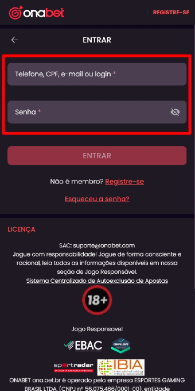 Preenchendo o e-mail ou nome de usuário e senha cadastrados na Onabet.