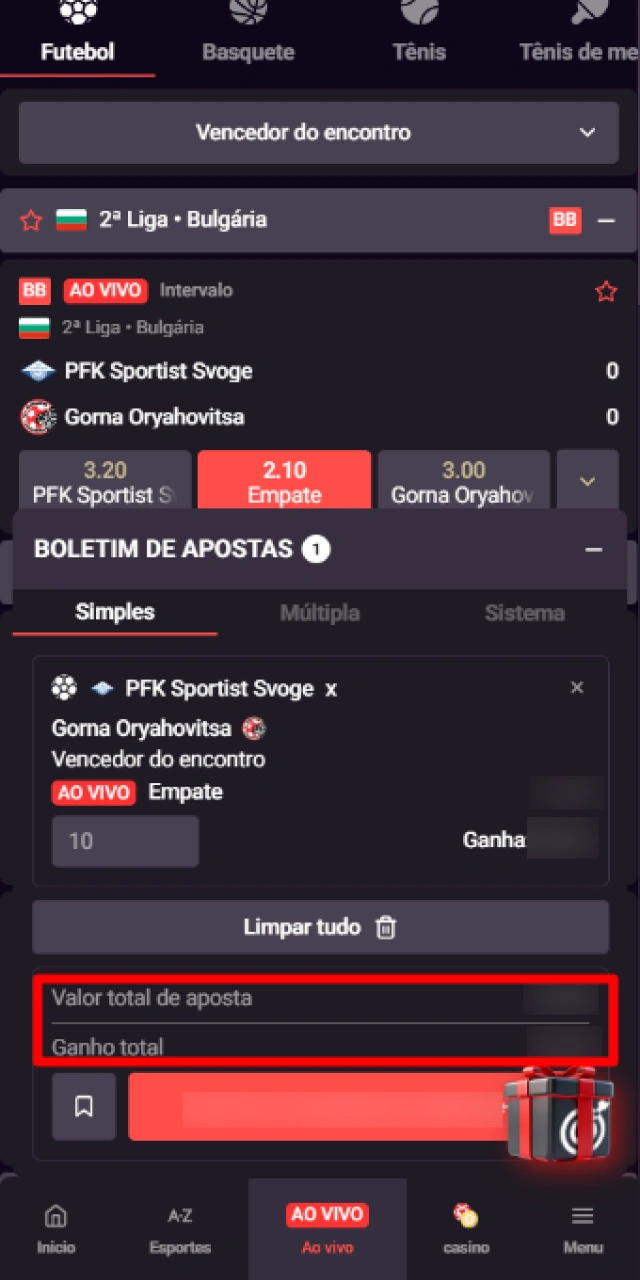 Digitando o valor da aposta no bilhete do site oficial da Onabet Brasil.