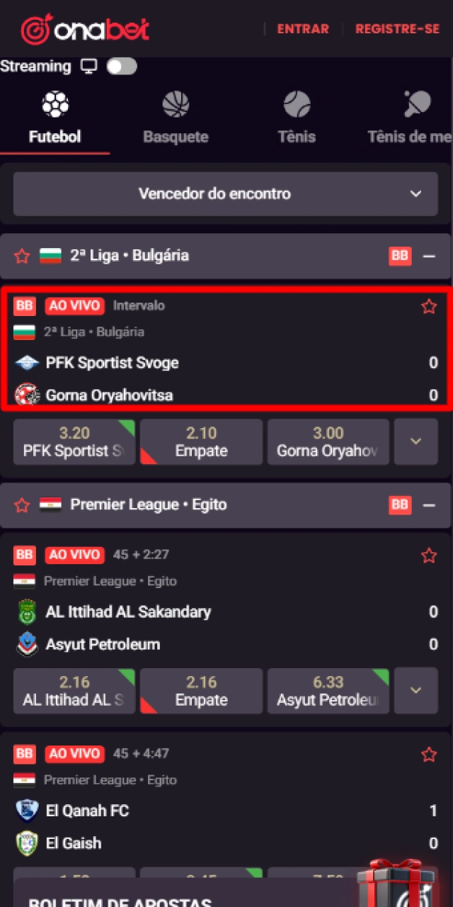 Selecionando a partida ou evento esportivo desejado no catálogo da Onabet Brasil.